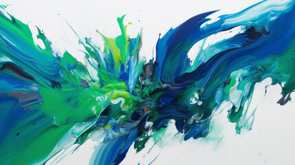 Intense strokes of cobalt blue and emerald green intersecting on a pure white background, creating a mesmerizing visual composition.