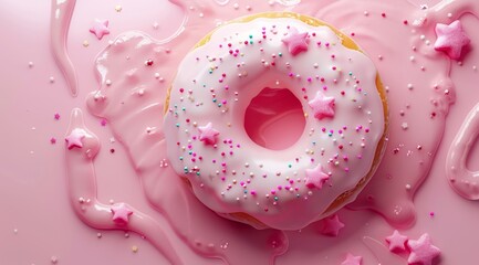 A delicious donut covered in pink frosting and vibrant sprinkles, set against a summer-inspired backdrop, embodying indulgence
