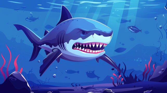 Modern illustration of seascape with cartoon illustration of seascape with marine animal with teeth underwater and rocks and shark. Modern landing page of sea wildlife with cartoon illustration of