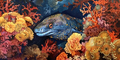 Watercolor painting of an underwater eel in the ocean, colorful coral reefs. Use for wallpaper, posters, postcards, brochures.