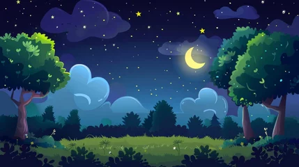 Gartenposter A summer night landscape with trees and bushes is a modern parallax background for a 2D animated image showing lawn, fireflies, clouds, moon, and stars. © Mark