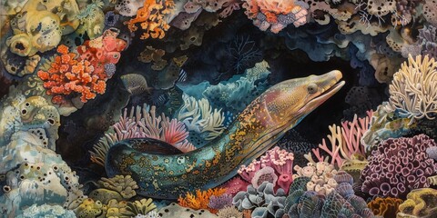 Watercolor painting of an underwater eel in the ocean, beautiful underwater scenery. Use for wallpaper, posters, postcards, brochures.