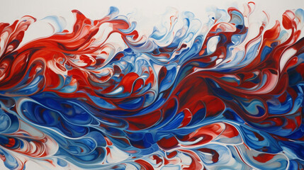 Swirling patterns of cerulean blue and fiery red on a pure white canvas, intertwining to form a sense of movement and flow.