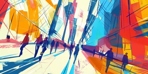 Busy City Street - Colourful Abstract Illustration