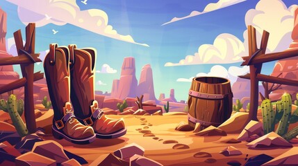 Cowboy boots with spur on American ranch. Modern illustration of wild west landscape, western desert with wooden fence and someone hiding in a barrel of wood - obrazy, fototapety, plakaty