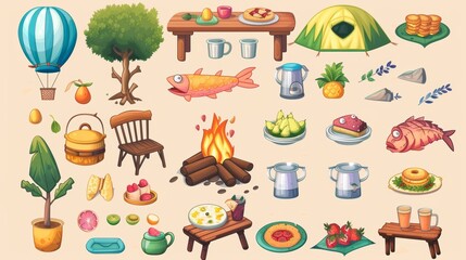 An isolated montage of camping elements featuring a hot air balloon, a tent, a camping chair, cups, fish, food on plates, a bench, a bonfire, fruit, fried eggs, and rocks.