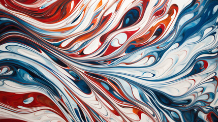 Swirling patterns of cerulean blue and fiery red on a pure white canvas, intertwining to form a sense of movement and flow.