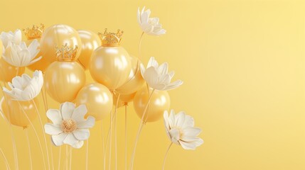 Fototapeta na wymiar With golden crown and balloon flowers, this 3D balloon art is isolated on a light yellow background.