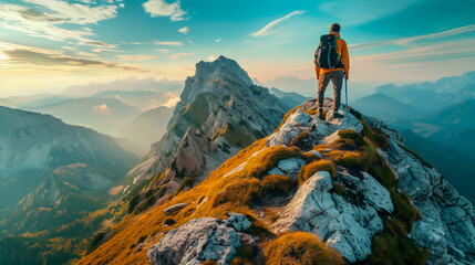 Hiker on peak overlooking a breathtaking mountain range at sunset, symbolizing achievement and adventure.