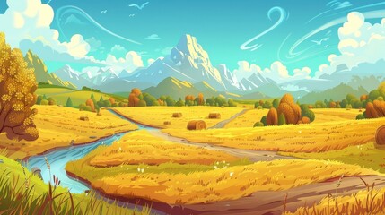 Obraz premium A picturesque autumn meadow landscape with mountains and rivers on the horizon, a yellow field, a dirt road, and hayStacks. A farmland view of a country landscape with colorful leaves. Modern