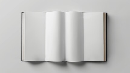 Modern realistic template of 3d open and closed catalog, brochure, or journal with empty white pages. Mockup of blank book, booklet, or magazine with soft black cover.