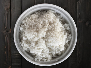 cooked rice on background top view