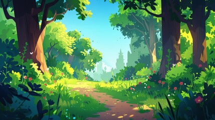 Illustration of a footpath in a sunlit forest. An old wood with old trees, lawn grass, bushes with flowers blooming and a clear blue sky background. Modern illustration of a natural landscape.
