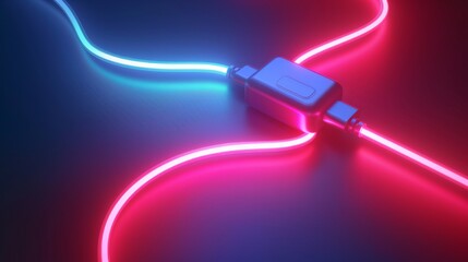 Template for a 3D charger cable advertisement. Charger cable and type C adapter circle edging a neon trail. Concept for fast charging speeds. - obrazy, fototapety, plakaty
