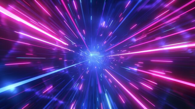 Neon light background with purple and blue beam forming tunnels. Concept of speed.