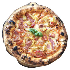 Top view of Hawaiian pizza on a wood background