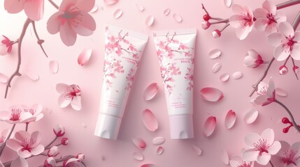 Three-dimensional mock-up of hand cream tubes isolated on a white background, one with a cherry blossom label and one without.