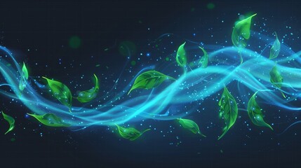 A realistic 3d modern illustration of fresh menthol breath or detergent isolated on transparent background. Blue air or wind with green leaves. Glow waves and swirls.