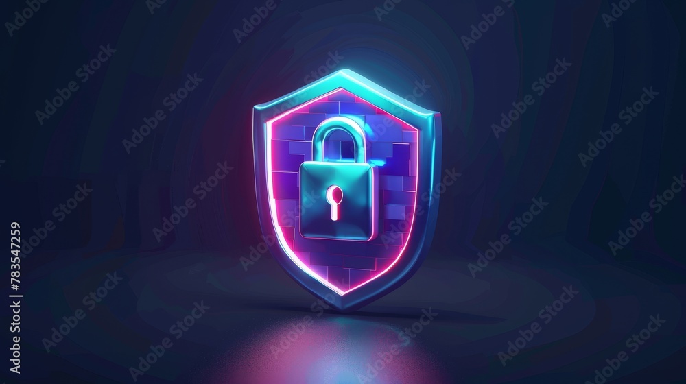 Poster the shield is rendered in 3d, with a padlock and a tick symbol to symbolize privacy, security, compu