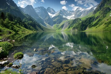 Fototapeta na wymiar lake nestled among lush green valley Extreme Backpacking Trip Travel and hobby camping outdoor adventure lifestyle vacations