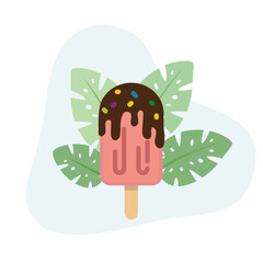 Strawberry popsicle with chocolate topping flat vector Illustration icon decorated with leaves for web use for dessert, frozen, ice cream, chocolate, sweet