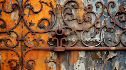 A close-up of a rusty metal gate, with intricate scrollwork and peeling paint