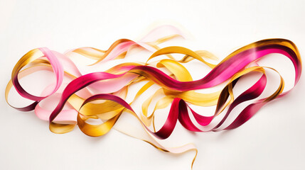 Swirling ribbons of electric pink and golden yellow on a pristine white backdrop, exuding a sense of joy and optimism.