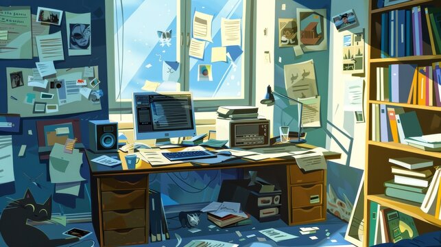 Stylish modern illustration of teenager working at home with dirty cups and papers, a computer on the desk, books on shelf, pictures on the wall, and a sleeping cat on the windowsill.
