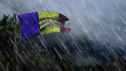 flag of Andorra with rain and dark clouds, rainy weather symbol - nature 3D rendering