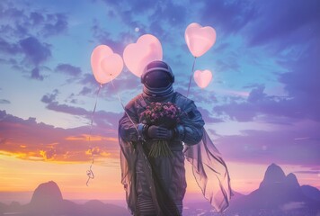 Heart balloons and vibrant flowers held by an astronaut convey love in an imaginative summer scene