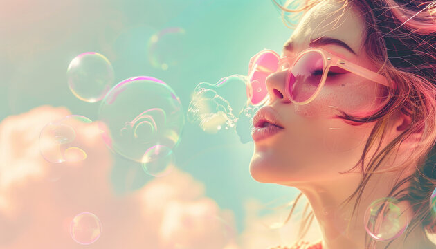 Capture summer vibes with a woman in sunglasses blowing a large bubble gum against a backdrop of dreamy clouds
