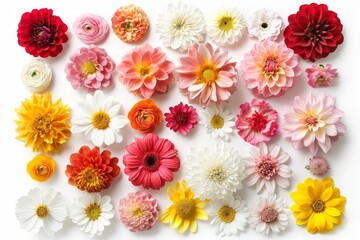 Big collection of various head flowers yellow, pink, white and red isolated on white background....