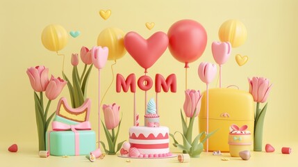 A set of 3D party decorations isolated on a light yellow background, including balloons, tulips, and cake. Perfect for holidays such as mother's day or birthday parties.