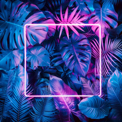 Fototapeta na wymiar A neon-lit summer night vibe created by tropical foliage and vibrant pink and blue neon lights