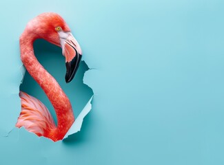 A flamboyant pink flamingo peering through a blue painted torn paper symbolizes summer fun