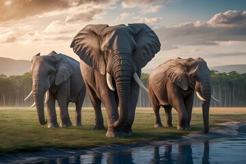 elephants in the river - obrazy, fototapety, plakaty