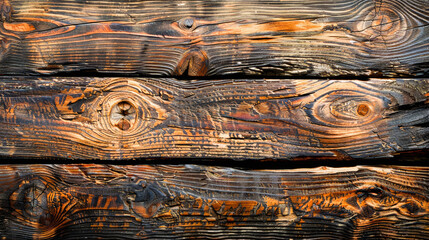 Wooden planks with rich, dark textures and patterns, highlighted by the light accentuating the wood grain details. - obrazy, fototapety, plakaty