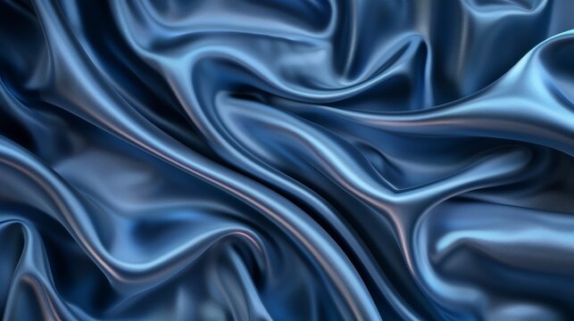 Stylish blue drapery silk fabric luxury background. Nawy abstract satin cloth modern texture pattern. Smooth shiny drape curtain. Elegant velvet curve motion image.