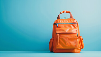 Orange backpack on blue background, isolated, suggesting back to school, travel or fashion accessory concept.