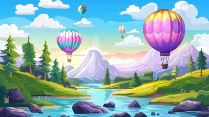 Fototapeta na wymiar Modern cartoon illustration of a beautiful natural landscape with pine forest on rocky hills, an aerostat above the surface of the water and a sunset backdrop.