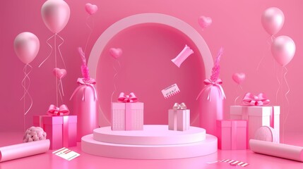 Display background with pink podium, balloons, shopping bag, credit card, and geometric decorations.