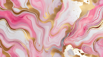 Luxury abstract fluid art painting background alcohol ink technique pink golden and white background,

