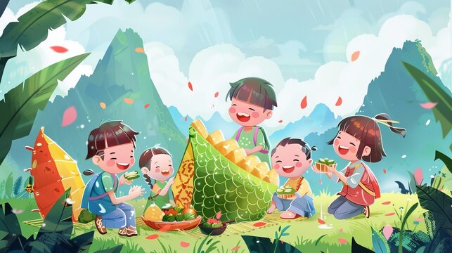 The adorable Duanwu Festival greeting card depicts kids carrying food ingredients in a giant zongzi. The text reads: "Happy Dragon Boat Festival. May 5th.".