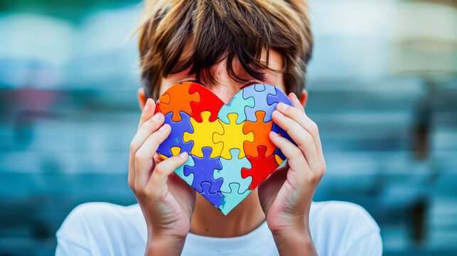 Person holding a colorful puzzle heart in front of their face, symbolizing love and complexity. World autism awareness day concept