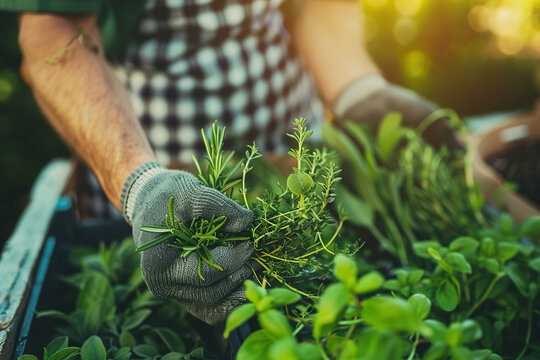 Chefs harvesting herbs and vegetables in a sunlit garden, preparing for a farm-to-table dining event.