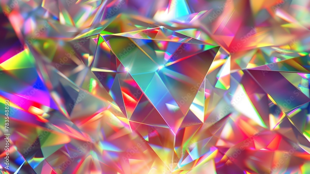 Poster a crystal prism overlay with iridescent spectrum refraction blur on an abstract rainbow background. 