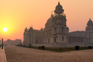Historic Victoria Memorial, built in ancient colonial architecture style in the year 1906 in Kolkata, India, at sunrise. 