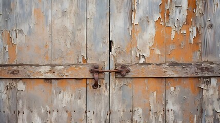 A close-up of a weathered barn door, with peeling paint and rusty hinges