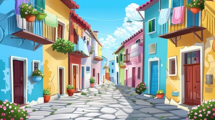 Fototapeta na wymiar Traditional European street perspective depicting stone paved road, laundry on balconies decorated with flowers and a sunny day in the old Italian town. Modern cartoon illustration of a traditional