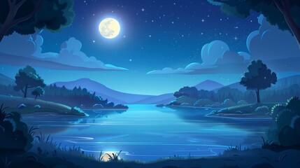 The valley has a river running through it, a full moon and stars are visible in the night sky, trees and shrubs are reflected on the water, and trees cover the banks of the river. Modern cartoon